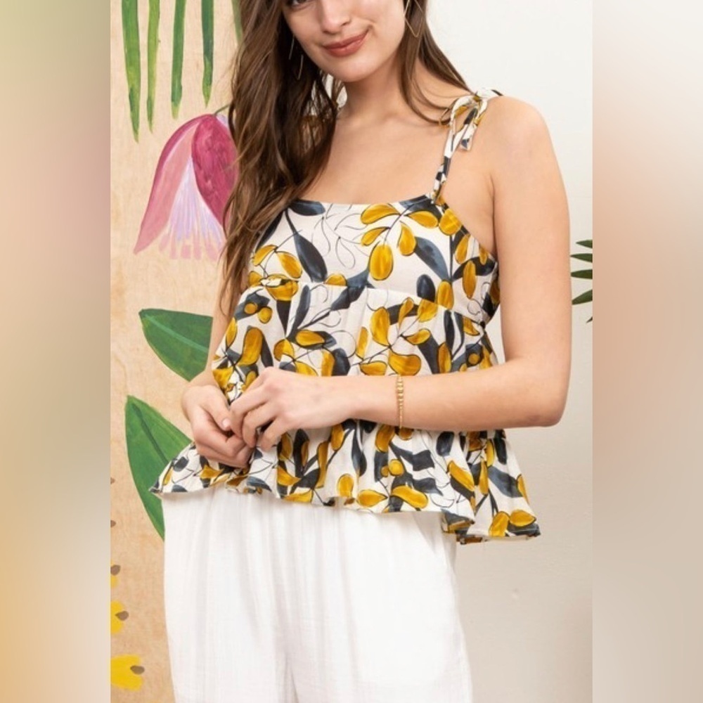 Mine Leaf Baby Doll Tie Top Straps Women’s Large Floral Top NEW